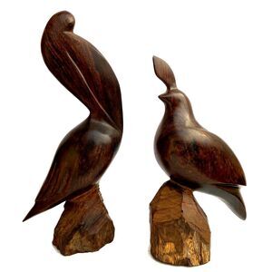 Vintage Mid Century Modern Carved Teak Wood Pelican Quail Bird Sculptures Set
